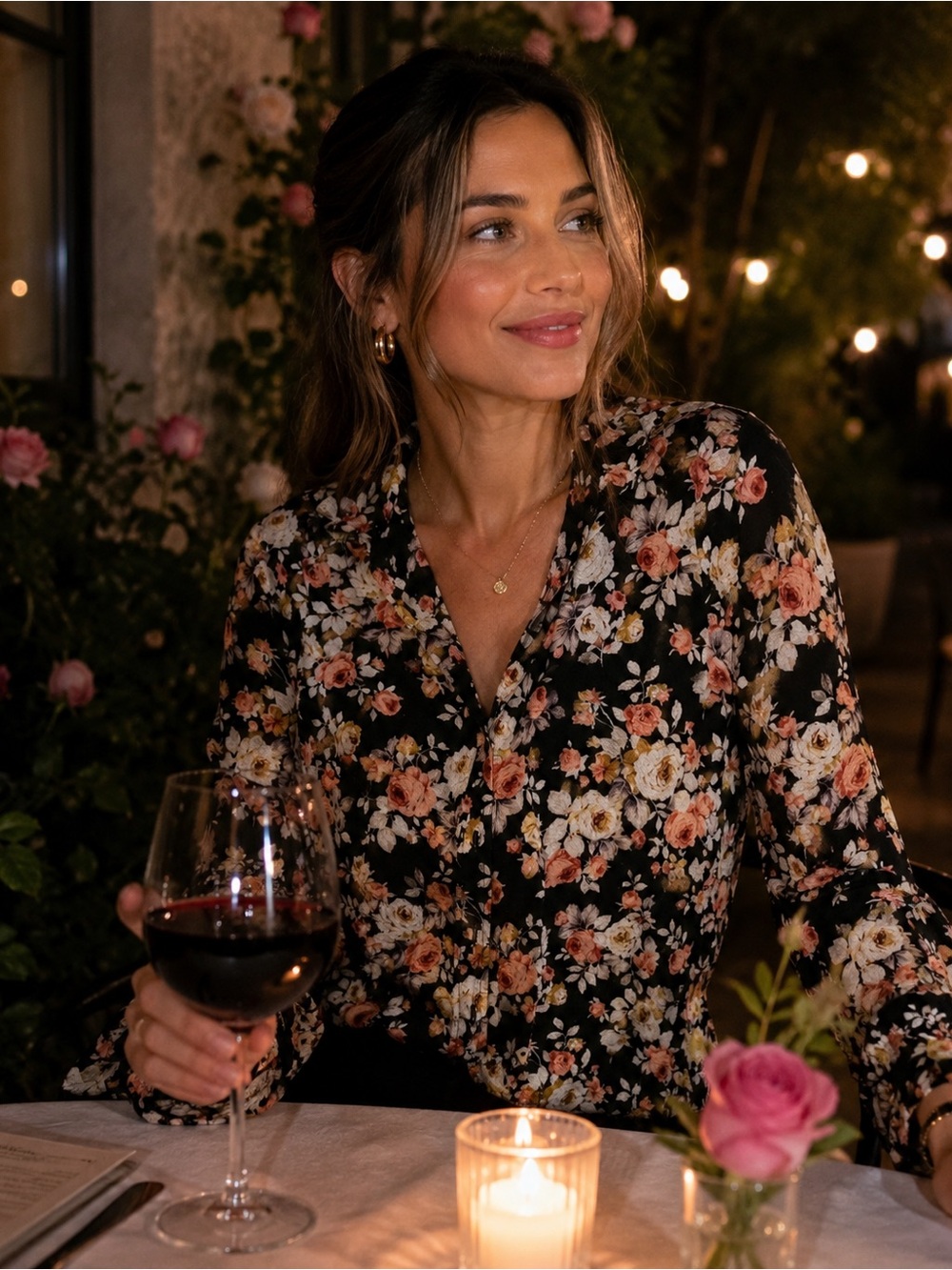 🌸 ELLE Black Floral Button-Front Blouse – Size Small